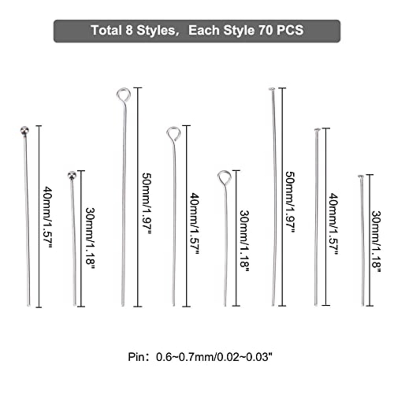 560 pieces 8 Styles 304 Stainless Steel Eye Pins 30mm 40mm 50mm Head Pins Ball 22 Gauge Head Pins Findings Open Eye Pin for Earring Bracelet Pendant Jewelry Making, Stainless Steel Color